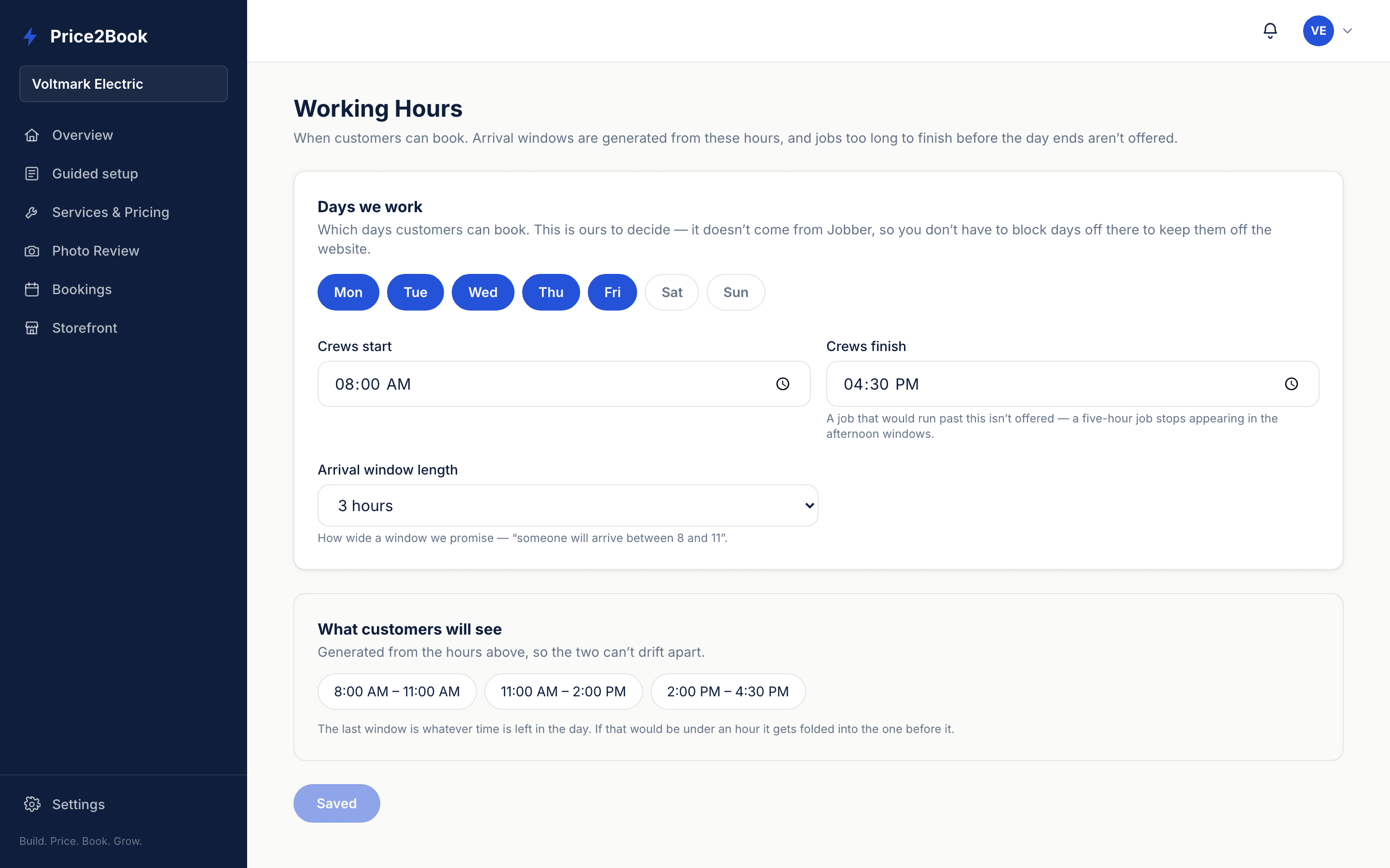 The Hours & Availability screen, where working hours and bookable windows are set
