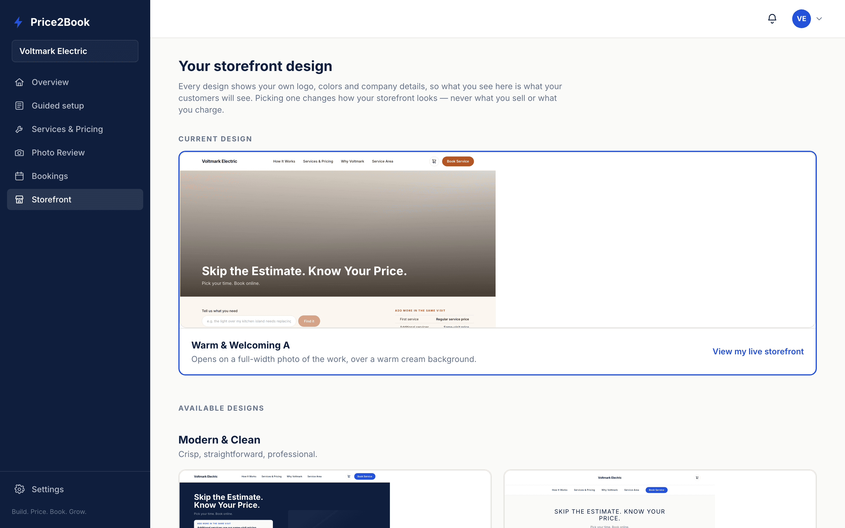 The storefront design picker, showing selectable layouts previewed with the contractor's own branding
